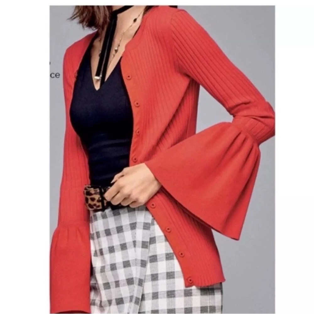 CAbi #5285 Ribbed Cardigan Sweater Trumpet Bell Sleeve Coral/Red S Artsy #18